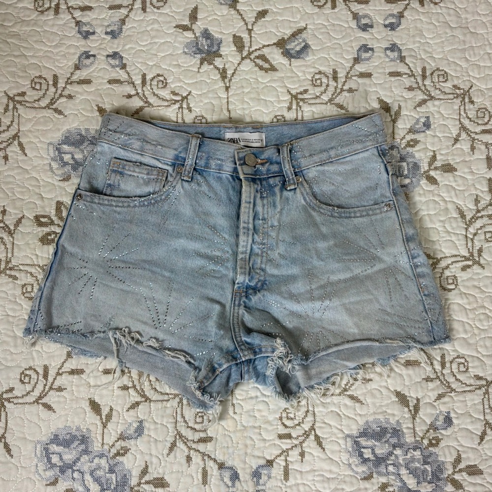 Zara Rhinestone Embellished Denim Shorts Medium Wash Size Medium